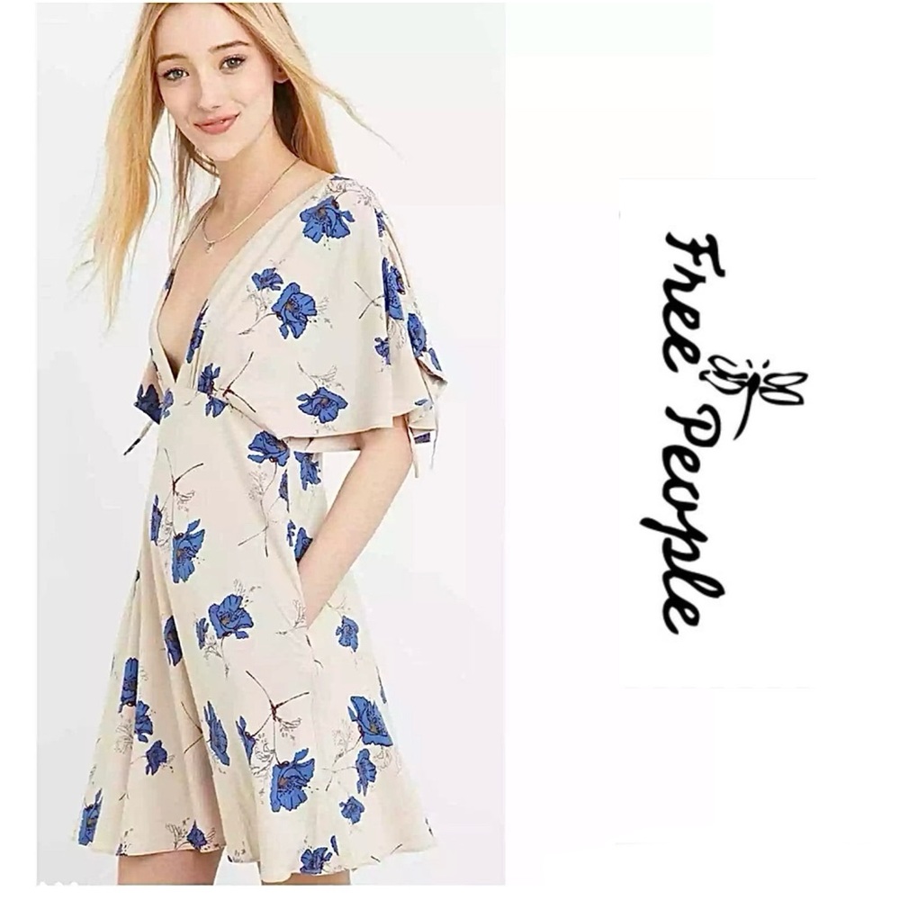 Free People Beige and Blue Floral Mini Dress